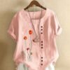 Plus Size Floral Print Round Neck Linen T-shirt, Women's Plus Casual Short Sleeve Tee