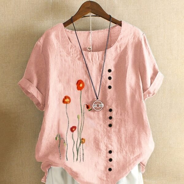 Plus Size Floral Print Round Neck Linen T-shirt, Women's Plus Casual Short Sleeve Tee