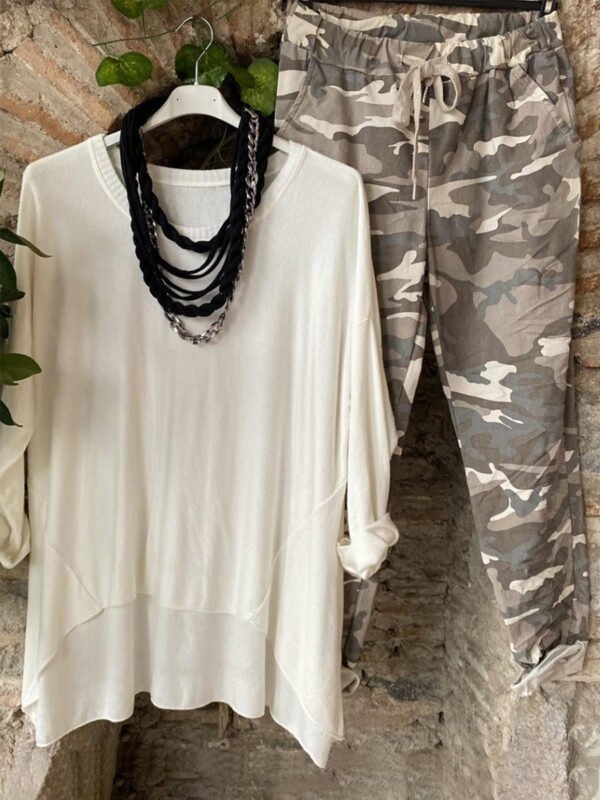 Crew Neck Solid Color Top With Camouflage Pants Set