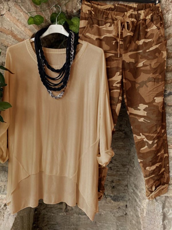 Crew Neck Solid Color Top With Camouflage Pants Set
