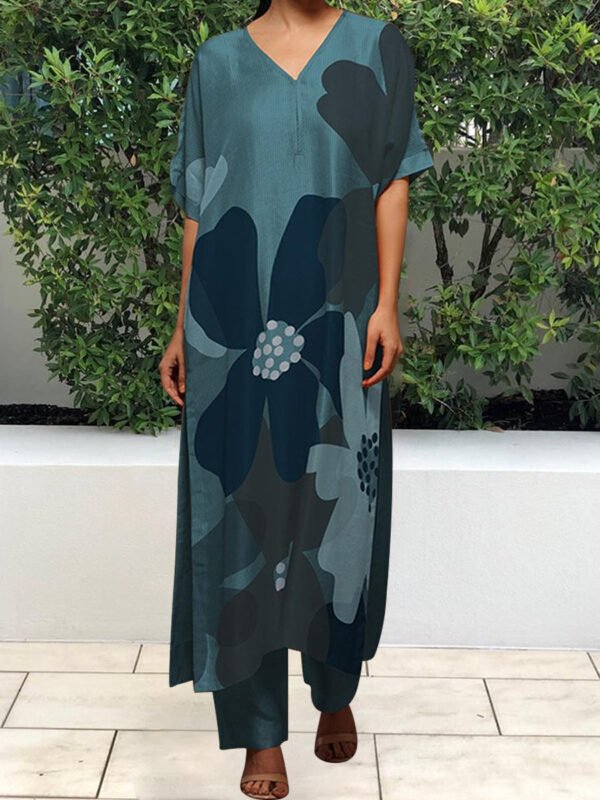 Printed V-neck Slit Side Long Tee Casual Two-piece Suits