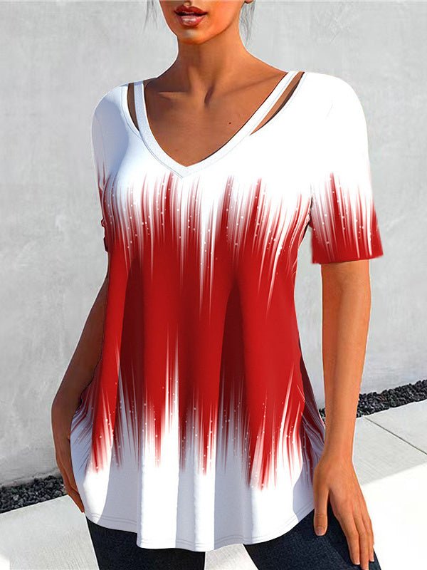 Women's Colorblock Key Hollow Short Sleeve V-neck Top