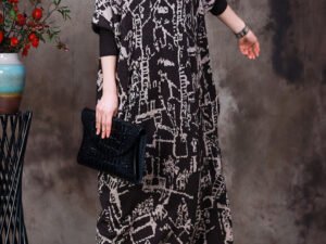 Beautiful Black Turtleneck Print Knit Patchwork Long Dress Long Sleeve