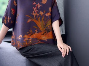 Elegant Purple Stand Collar Print Silk Shirts