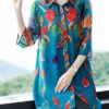 French Blue Peter Pan Collar Leaf Print Draping Chiffon Long Shirt Half Sleeve