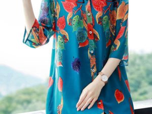 French Blue Peter Pan Collar Leaf Print Draping Chiffon Long Shirt Half Sleeve