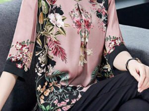 Stylish Pink Stand Collar Print Side Open Silk Shirt Tops Half Sleeve