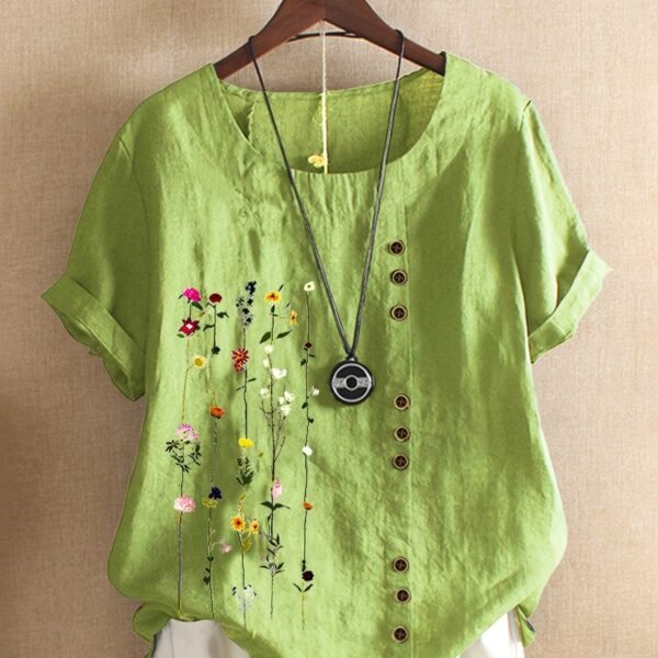 Plus Size Floral Print Button Decor Round Neck T-shirt, Women's Plus Casual Short Sleeve Tee