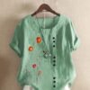 Plus Size Floral Print Round Neck Linen T-shirt, Women's Plus Casual Short Sleeve Tee