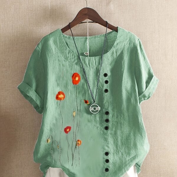 Plus Size Floral Print Round Neck Linen T-shirt, Women's Plus Casual Short Sleeve Tee