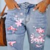 Be Kind Pink Cherry Blossoms Raw Hem Ripped Denim Shorts Bermuda Shorts