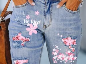 Be Kind Pink Cherry Blossoms Raw Hem Ripped Denim Shorts Bermuda Shorts