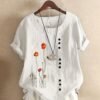 Plus Size Floral Print Round Neck Linen T-shirt, Women's Plus Casual Short Sleeve Tee