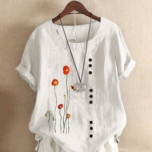 Plus Size Floral Print Round Neck Linen T-shirt, Women's Plus Casual Short Sleeve Tee