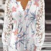 Women Long Sleeve V-neck Floral Printed Lace Top
