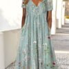Gradient Flower Loose Long Dress Half Open Button Pocket Dress