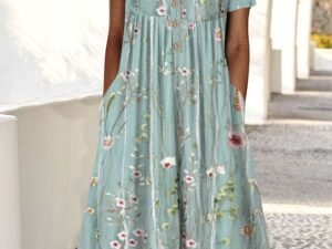 Gradient Flower Loose Long Dress Half Open Button Pocket Dress