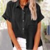 Women's Solid Color Pocket Short Sleeve Cotton Shirt