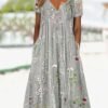 Gradient Flower Loose Long Dress Half Open Button Pocket Dress