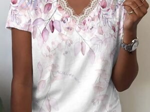 Women's T shirt Tee White Floral Lace Trims Print Short Sleeve Casual Holiday Basic Round Neck Regular Floral Painting S