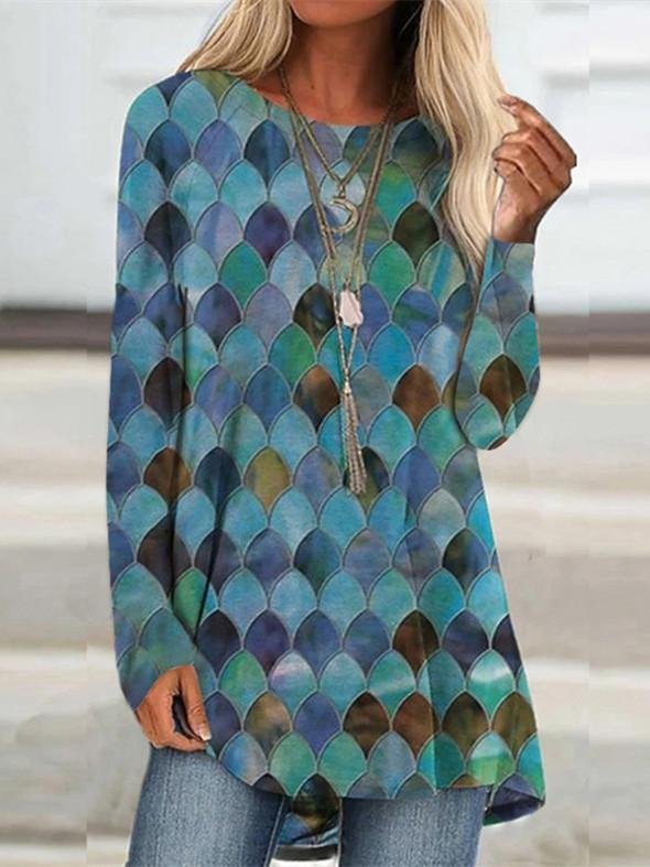 Women Long Sleeve Scoop Neck Graphic Geometric Top