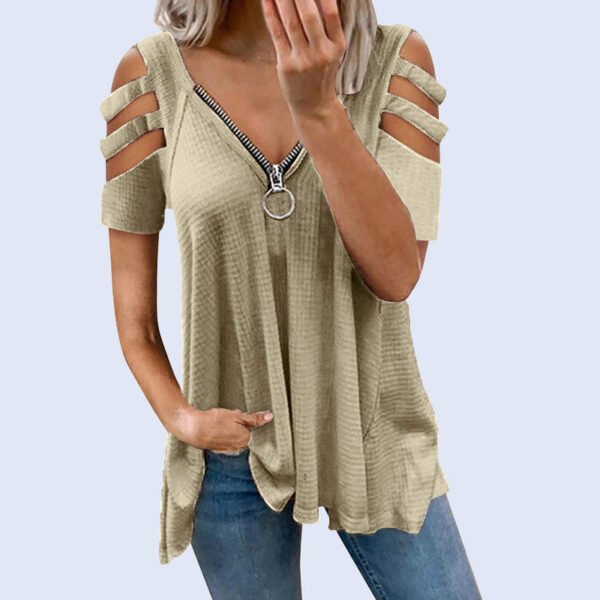 Sexy V-neck zipper solid color T-shirt