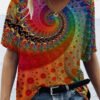 Retro Mandala Floral Tie Dye Printed V-neck T-Shirt