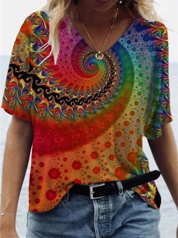 Retro Mandala Floral Tie Dye Printed V-neck T-Shirt