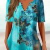 Women's T shirt Tee Black Pink Blue Floral Butterfly Button Print Short Sleeve Casual Basic V Neck Regular Floral Butterfly S