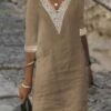 Women's Cotton Linen Dress Casual Dress Shift Dress Midi Dress Cotton And Linen Fashion Modern Outdoor Daily Vacation V Neck Patchwork Half Sleeve Summer Spring 2023 Regular Fit Gray Plain 3XL