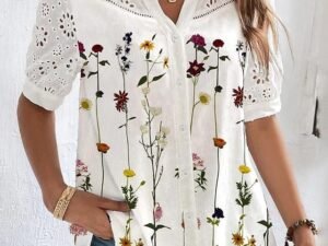 Women's Shirt Blouse White Eyelet Tops Black Pink Red Floral Lace Button Short Sleeve Casual Basic V Neck Regular Floral S
