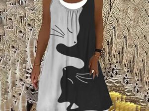 VChics Contrast Cat Print Casual Sleeveless Midi Dress