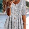 Women's Gray Half Sleeve V-neck Buttons Top