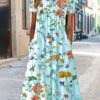 Blumenmuster Midi-Kleid Jersey Rundhals Kurzarm lssiger Stil Noracora