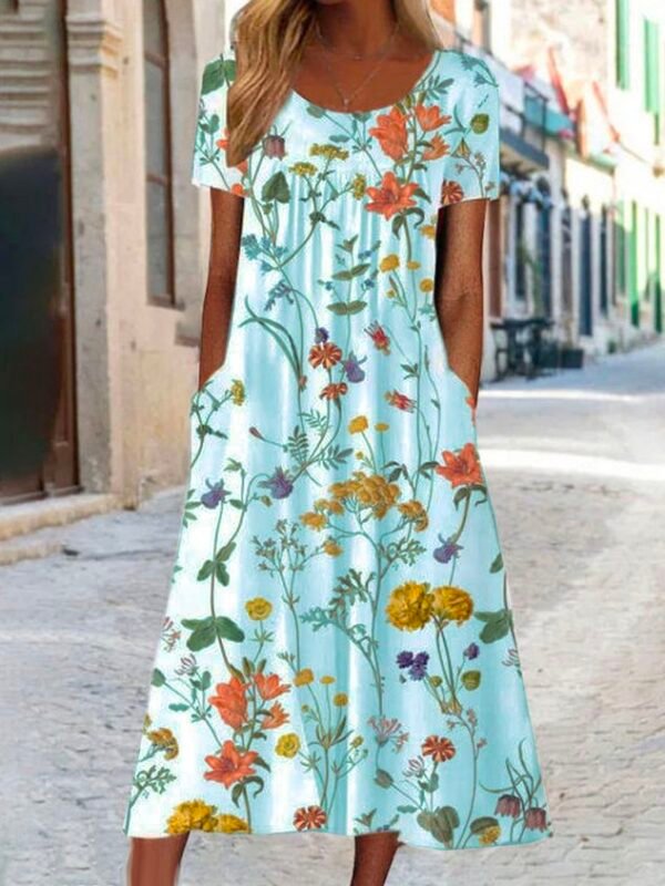 Blumenmuster Midi-Kleid Jersey Rundhals Kurzarm lssiger Stil Noracora