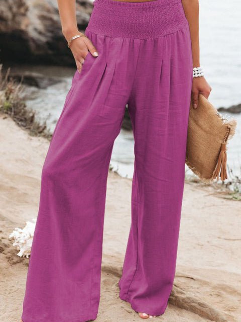 Casual Elastic Waist Cotton And Linen Wide Leg Trousers