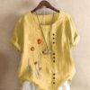 Plus Size Floral Print Round Neck Linen T-shirt, Women's Plus Casual Short Sleeve Tee