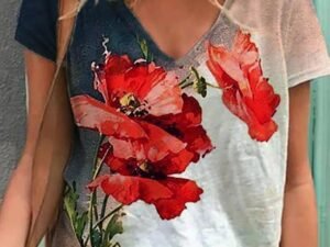 Women Short Sleeve V-neck Floral Printed Top