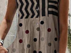 Women's Khaki V-neck Sleeveless Striped Polka Dot Top