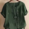 Women's Vintage Cotton Linen Button Crew Neck Short Sleeve T-Shirt