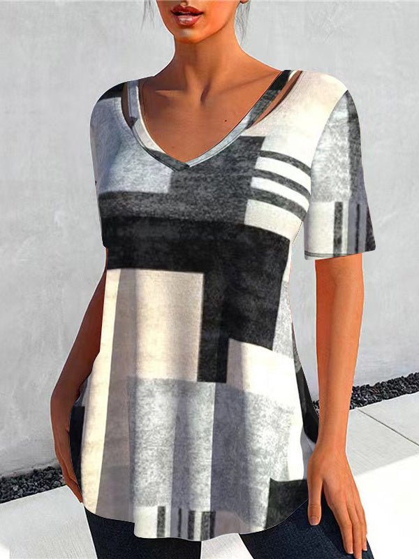 Women's Colorblock Key Hollow Short Sleeve V-neck Top