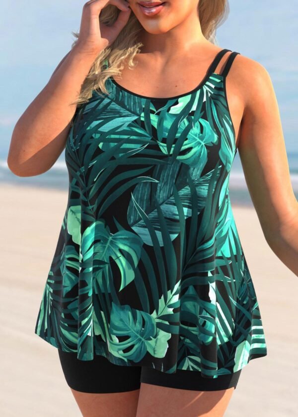 PLUS SIZE TROPICAL PRINT GREEN TANKINI SET