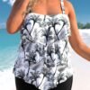 RUFFLE HEM COCONUT TREE PRINT PLUS SIZE TANKINI