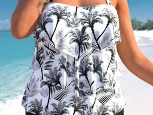 RUFFLE HEM COCONUT TREE PRINT PLUS SIZE TANKINI