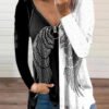 Angel Wings Print Long Sleeve Zip up V-neck Top
