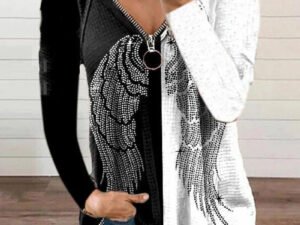Angel Wings Print Long Sleeve Zip up V-neck Top