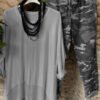 Crew Neck Solid Color Top With Camouflage Pants Set