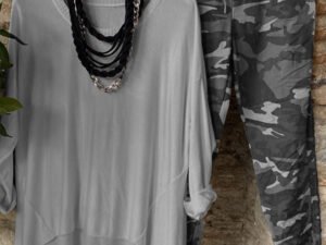 Crew Neck Solid Color Top With Camouflage Pants Set