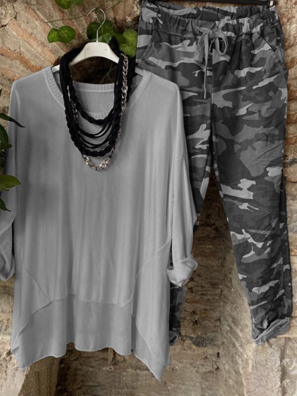 Crew Neck Solid Color Top With Camouflage Pants Set