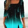 Women's T shirt Tee Black Blue Green Color Gradient Print 3/4 Length Sleeve Daily Weekend Basic Square Neck Regular Painting S